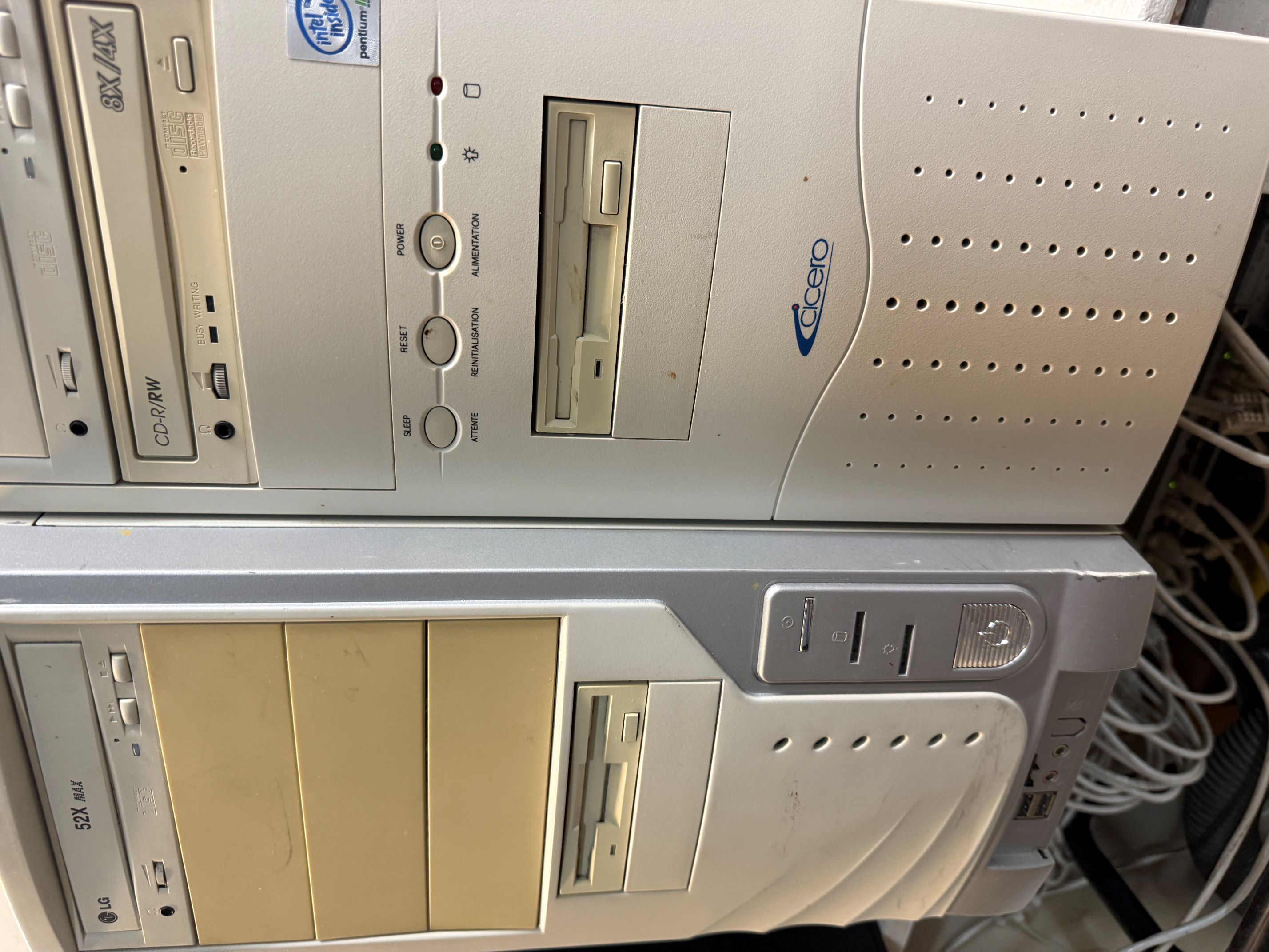 Bins of old computer towers and components for recycling
