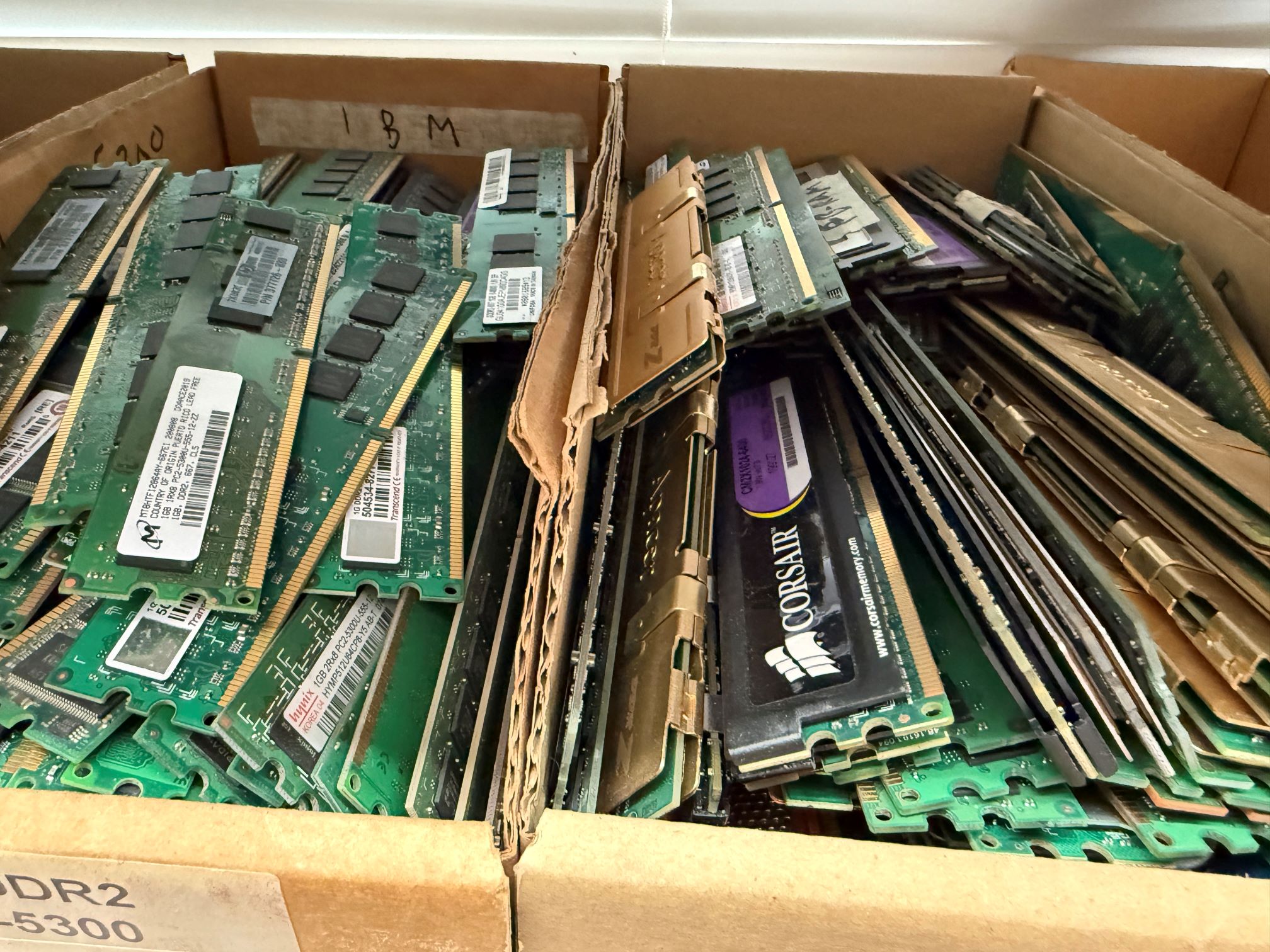 Boxes of RAM modules and memory for electronics recycling